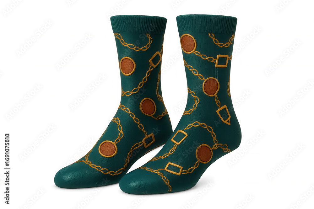 Poster teal socks displaying gold chain pattern and geometric shapes resting on clean transparent surface, 