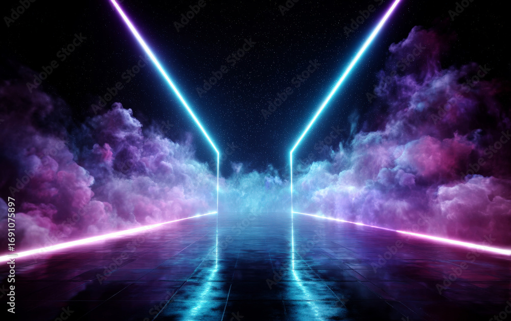 Poster Futuristic neon light path with colorful clouds in a dark background