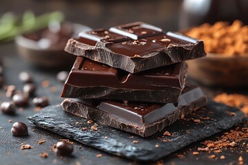 Delicious dark chocolate stacked on slate with cocoa, perfect for culinary projects and desserts