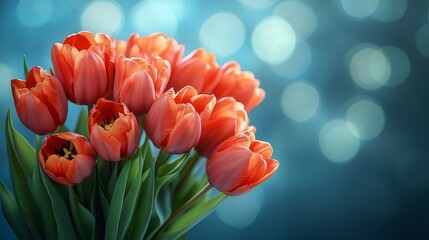 鮮やかなオレンジのチューリップのブーケ 青色のボケ背景で春の美しさを捉えた魅惑的な花の静物画