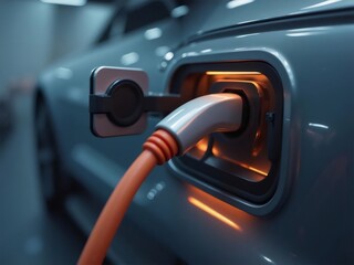 オレンジ色のケーブルで電気自動車を充電する様子 暗いガレージ 白い車体 クローズアップ