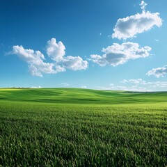 Fototapeta premium 緑豊かな草地の風景 青い空に白い雲が広がり 春の日の光の中で輝く田園地帯