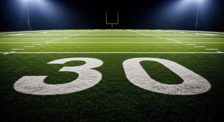 American football field yard line number thirty under stadium lights