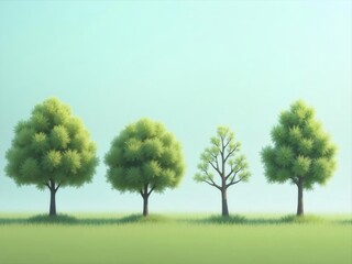 四本の木が並ぶ牧草地の穏やかな風景と、柔らかなパステルグリーンの背景
