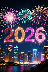 Happy New Year 2026 – Fireworks Over City Skyline with Golden Numbers