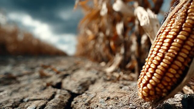 Harvest's Golden Bounty: Close-up of a single, ripe corn on the cob in a field, embodying the season's abundance. Showcasing rich textures and warm tones of harvest season. 