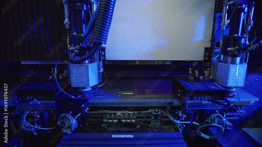 Poster powerful industrial laser cutting machine precisely processing material in a high tech factory setti