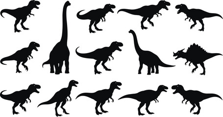 Black dinosaur silhouettes collection featuring various prehistoric species in side profile, isolated vector icons for paleontology, education, and prehistoric animal design