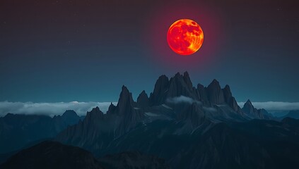 A blood moon rises over the jagged peaks of a mountain range, casting an eerie red glow on the landscape