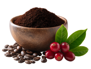 Rustic wooden bowl filled with dark roasted coffee beans and rich ground coffee powder with fresh berries transparent background