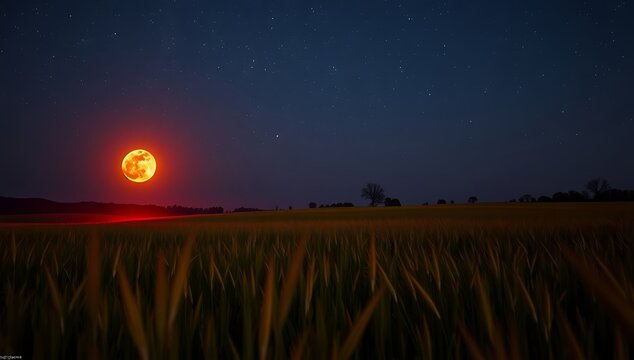 A mesmerizing view of a blood moon rising over a golden wheat field under a starry night sky