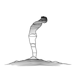 Obraz premium Yoga pose illustration of a person stretching outdoors on a hill in black and white line art design