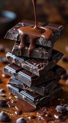 Rich dark chocolate squares stacked with melted ganache, perfect for dessert or indulgence