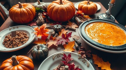 Cozy Autumn Harvest Table Setting with Pumpkins, Soup, and Festive Decorations
