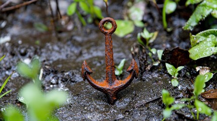 A rusty anchor in the mud.