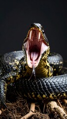 Fototapeta premium Detailed close-up of a hissing, venomous snake with its mouth wide open showcasing teeth