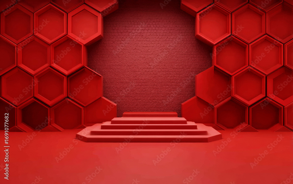 Poster Red hexagonal geometric pattern with a podium in the center