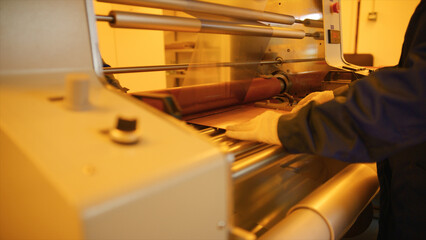 Gloved hands carefully guiding copper foil through industrial laminating machine rollers, highlighting precision and expertise in manufacturing process