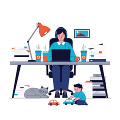 Fototapeta premium Woman working from home with child playing nearby and cat relaxing