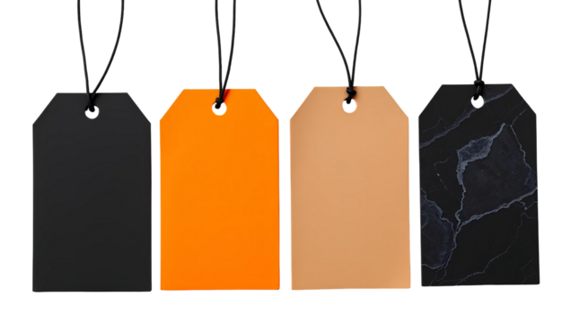 Set of Four Gift Tags – Black, Orange, Tan, and Dark Marble Pattern Labels isolated on transparent background