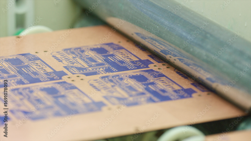 Poster automated industrial roller pressing a printed circuit board - pcb - during the manufacturing proces