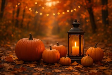 Cozy autumn evening scene with pumpkins and glowing lantern in a forest