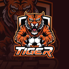 Tiger logo mascot for soccer team or club. tiger holding a soccer ball for gaming logo