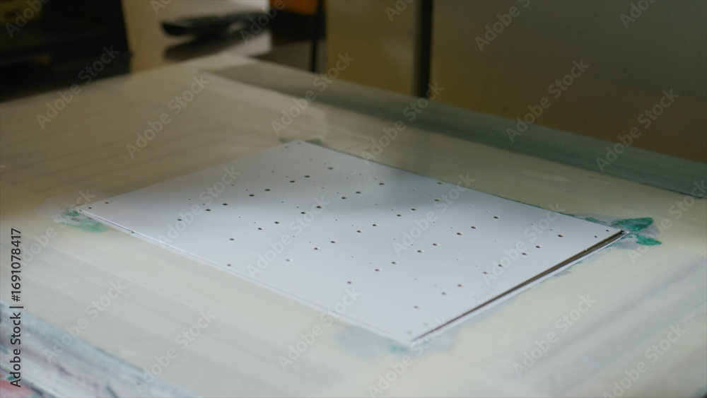 Poster white sheet of paper material being precisely laser cut by a modern automated machine, creating a pa