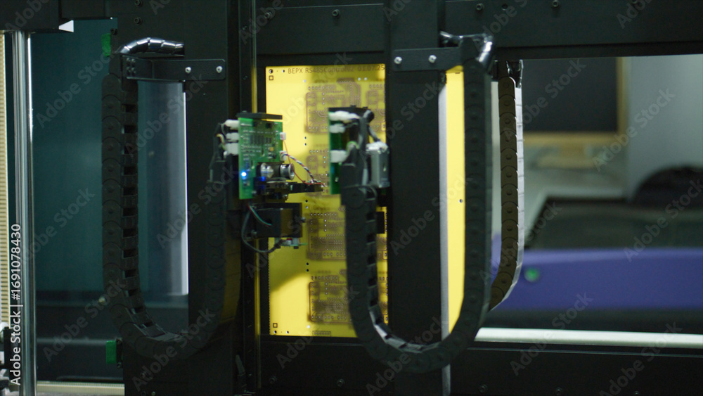 Poster robotic arm transferring a printed circuit board through an automated production line in a modern el