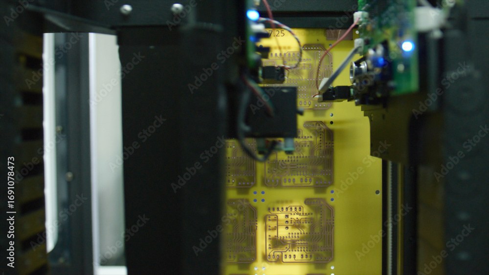 Poster automated robotic arm placing electronic components onto a circuit board in a modern electronics fac
