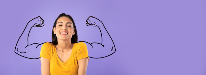 A young Middle Eastern woman smiles confidently against a purple backdrop. She embodies strength and empowerment, showcasing her biceps with joyful expression, radiating positivity and determination.