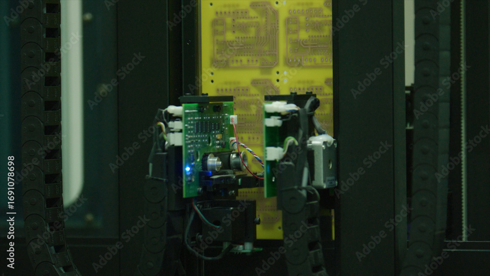 Poster automated robotic arm transferring electronic components on a circuit board in a modern factory, sho