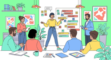 Engaging business meeting with diverse team brainstorming and planning strategy for company success