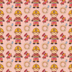 Fototapeta premium Seamless pattern with cute cartoon firefighters, fire hydrants and hoses in flat hand drawn style