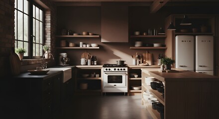 Moody Rustic Kitchen Interior with an Exposed Brick Wall and Wooden Island.