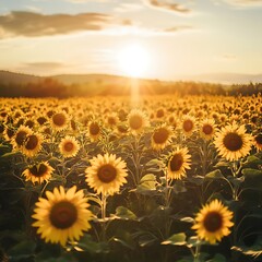 Fototapeta premium Golden hour sunflower field bathed in warm sunset light beautiful nature scene