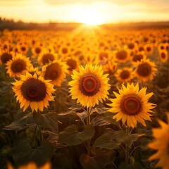 Fototapeta premium Vast sunflower field bathed in golden sunset light peaceful nature scenery