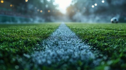 Naklejka premium 焦点が合ったラインが特徴のサッカー場またはフットボール場の緑の芝生と白いライン