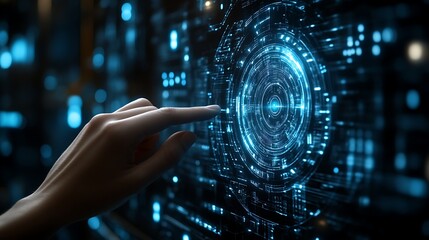 A hand touches a glowing, circular interface