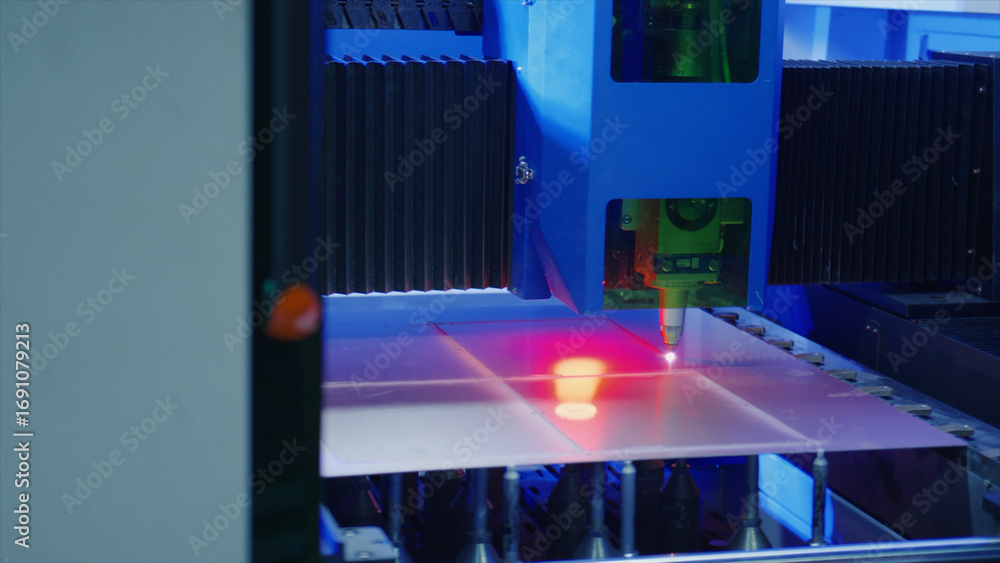 Poster automated industrial laser engraving machine cutting plexiglas sheet in modern factory workshop, dem
