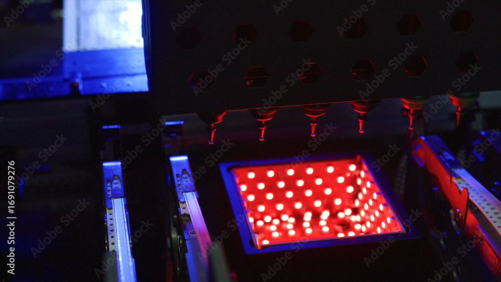 Poster automated machinery operating on a red illuminated circuit board, precisely assembling electronic co