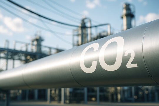 CO2 Pipeline: An illustration of a massive pipeline stretches into the distance, showcasing the industrial handling of carbon dioxide.