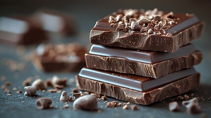 Delicious dark chocolate squares stacked with chocolate chips for dessert indulgence and treats