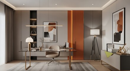 Modern and Sophisticated Home Office with a Glass Desk and Abstract Wall Art.