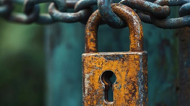 Close-up of an old rusty padlock with heavy chain on a weathered gate, symbolizing outdated security, forgotten passwords, vulnerability, and retro protection concept in a cinematic scene.