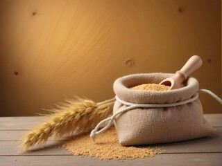 茶色の麻袋に入った粟の粒と木製の背景に小麦の穂の静物画