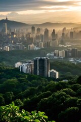 Obraz premium Golden Hour Cityscape View of Taipei Taiwan with Lush Green Hills and Misty Skyline