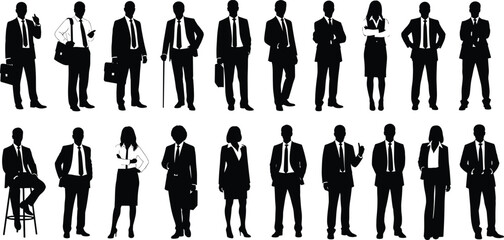 Business People Silhouettes in Varied Poses and Attire with Briefcases, Ideal for Teamwork, Diversity, Office, and Corporate Themes