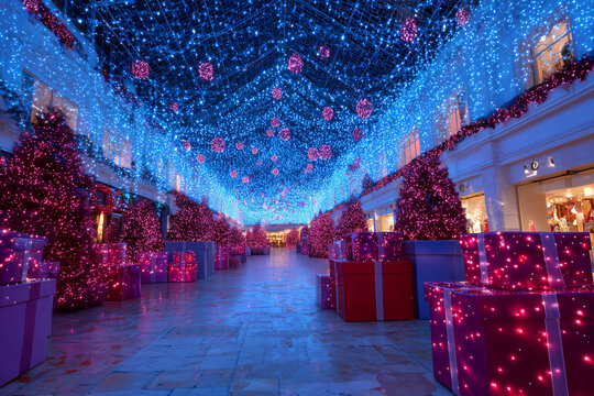 A large room with blue lights and red boxes