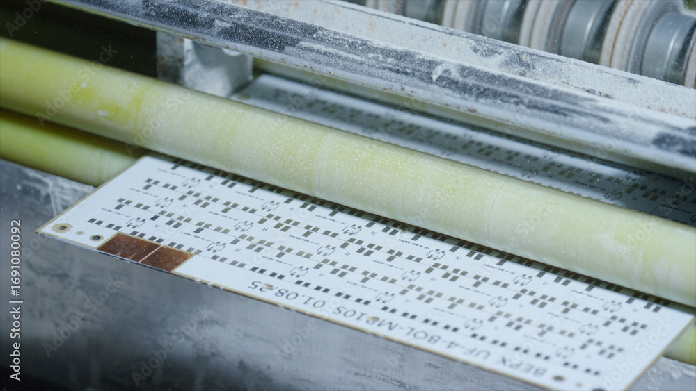 Poster automated industrial process moving a printed circuit board through rollers, highlighting the precis